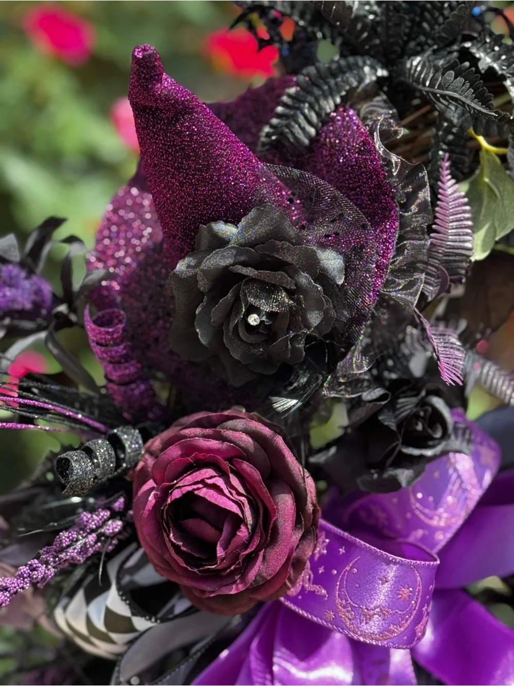 Purple & Black Halloween Wreath with Decorative Bow